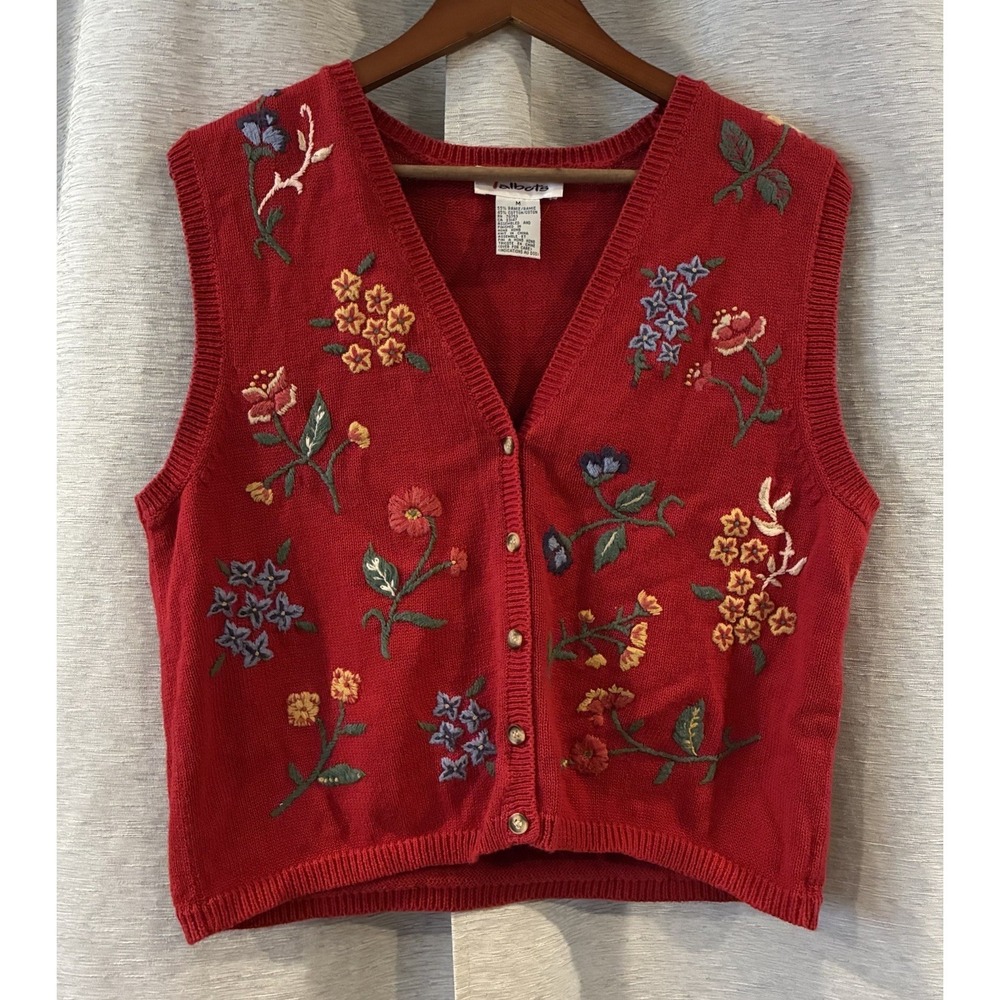 Vintage Talbots Sweater‎ Vest Medium Red Floral Chunky Knit Cottage Coquette